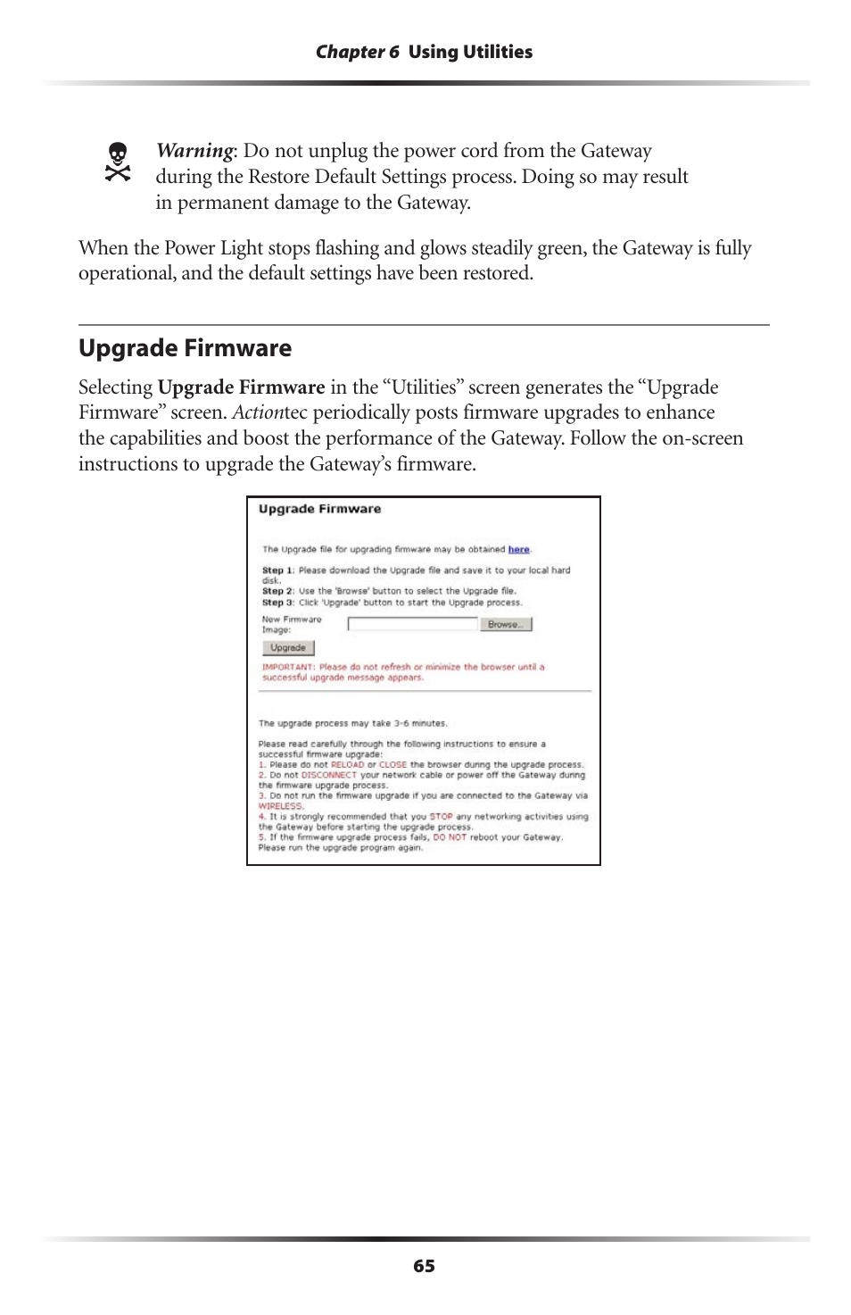 Upgrade firmware | Actiontec electronic Actiontec Wireless DSL Gateway GT701WG User Manual | Page 68 / 135