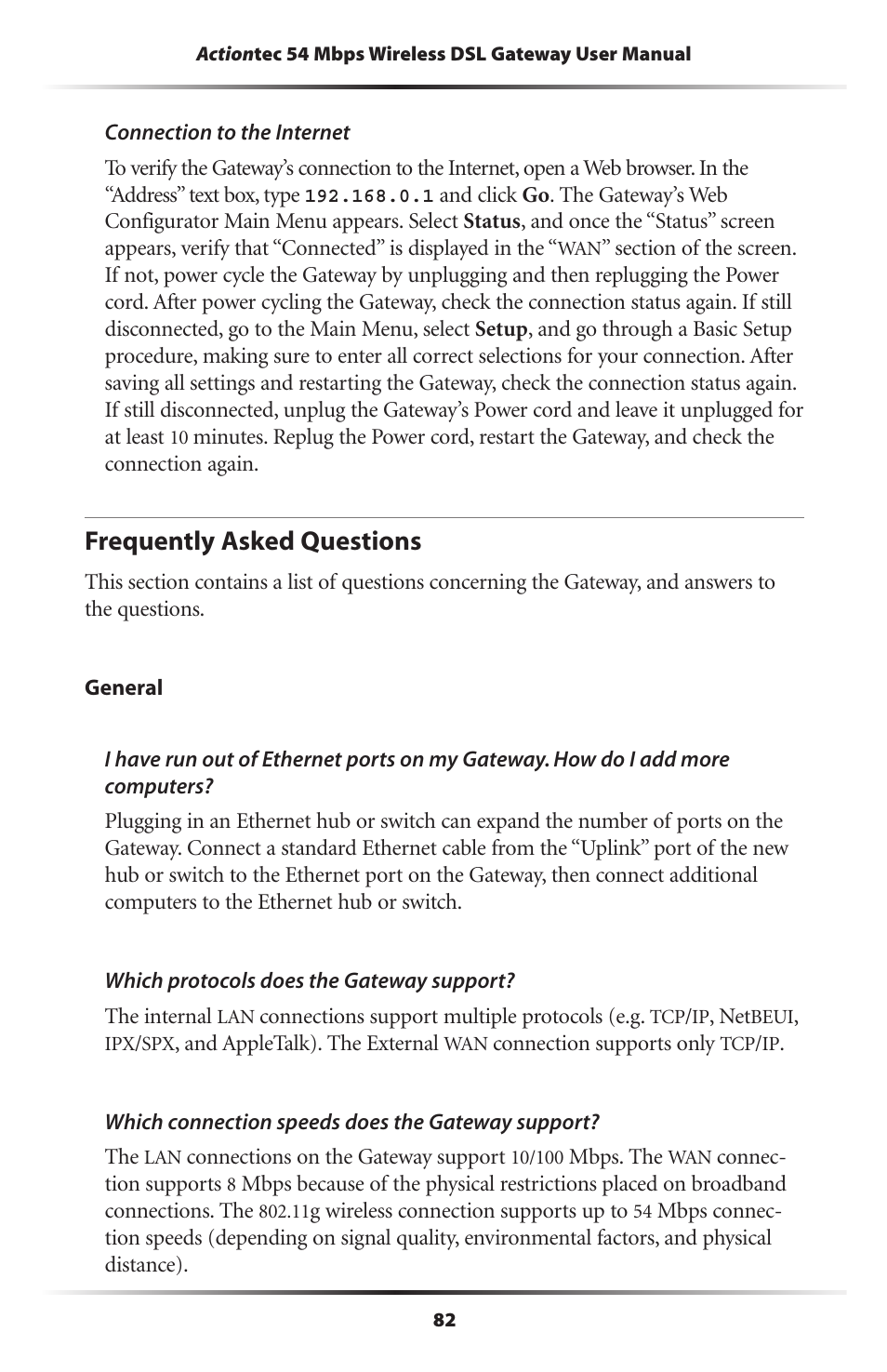 Frequently asked questions | Actiontec electronic Actiontec Wireless DSL Gateway GT701WG User Manual | Page 85 / 135