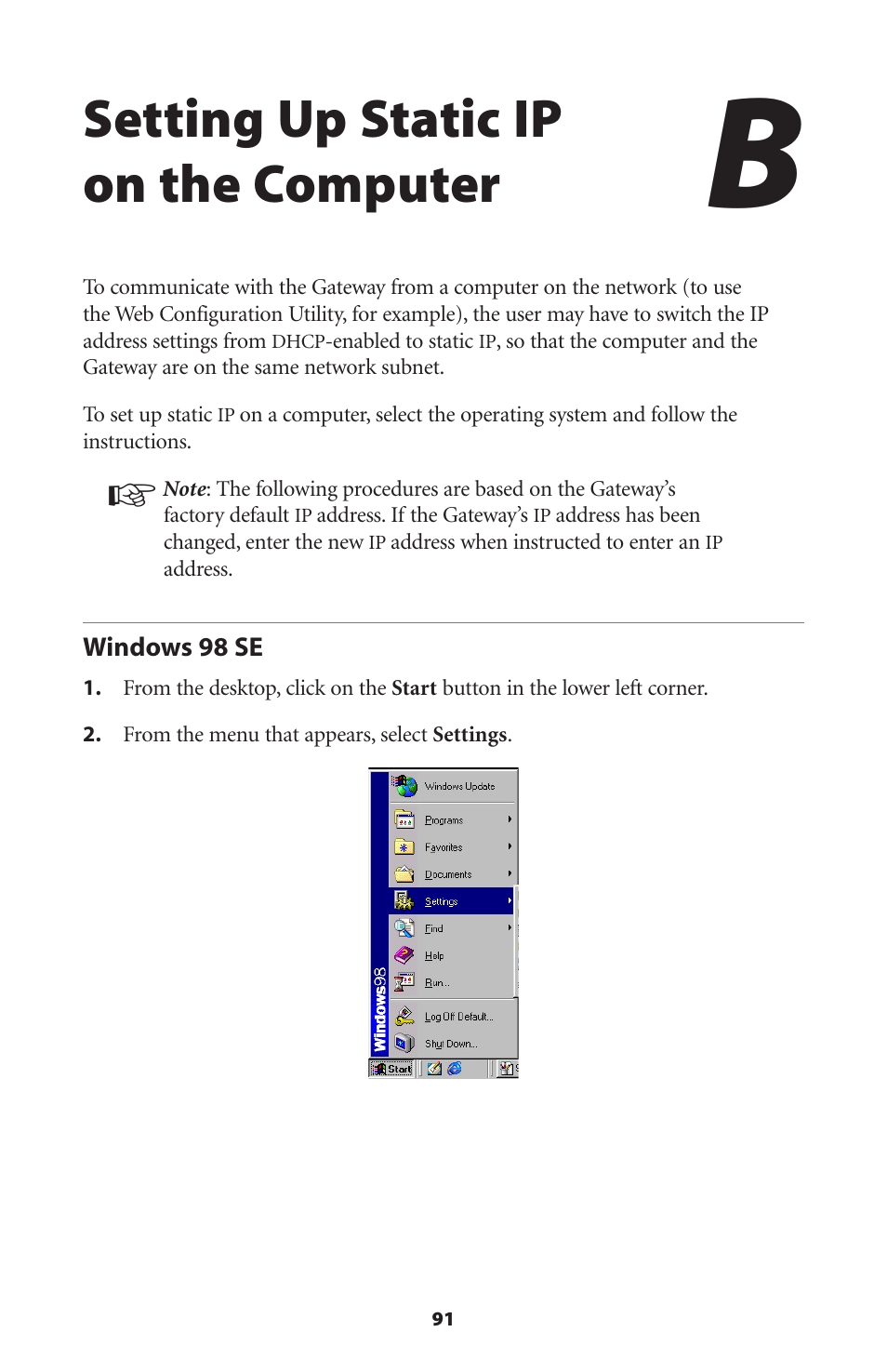 Setting up static ip on the computer, Windows 98 se | Actiontec electronic Actiontec Wireless DSL Gateway GT701WG User Manual | Page 94 / 135