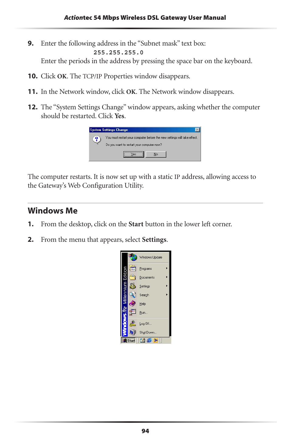 Windows me | Actiontec electronic Actiontec Wireless DSL Gateway GT701WG User Manual | Page 97 / 135