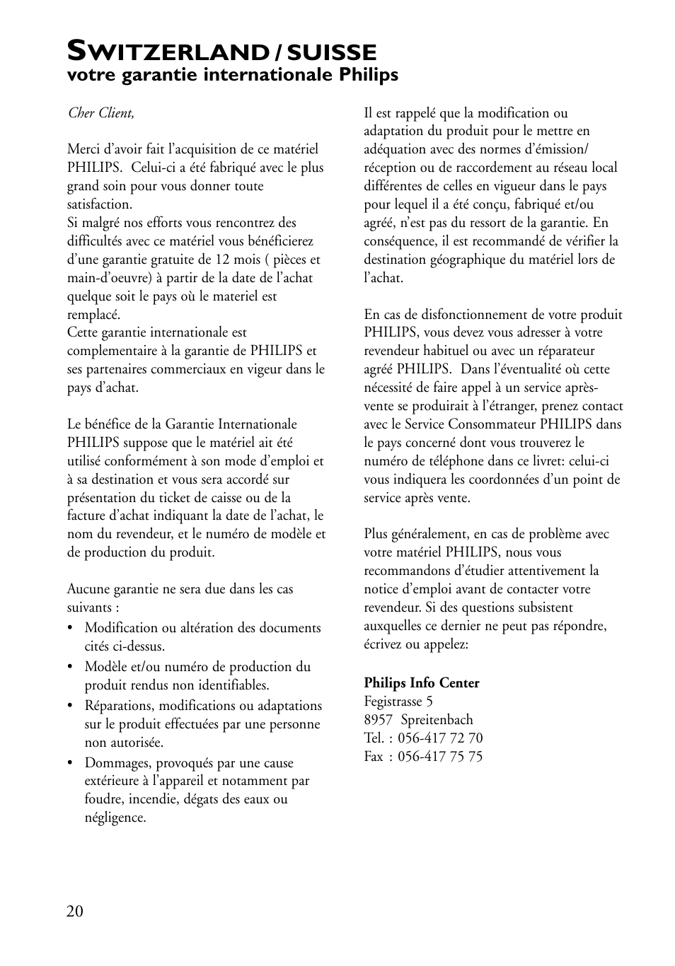 Witzerland / suisse | Philips DVDRW22899 User Manual | Page 204 / 215