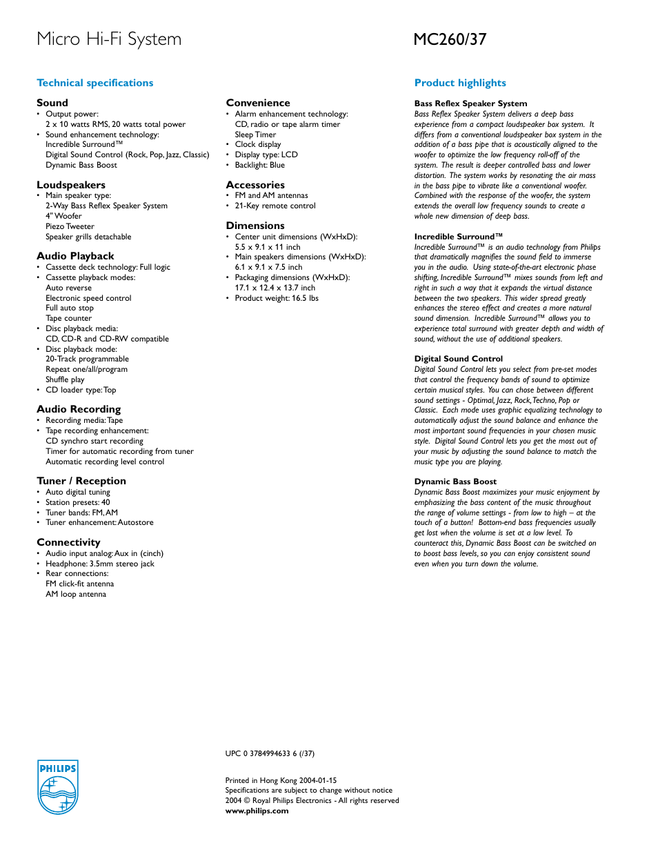 Micro hi-fi system | Philips MC260-37B User Manual | Page 2 / 2