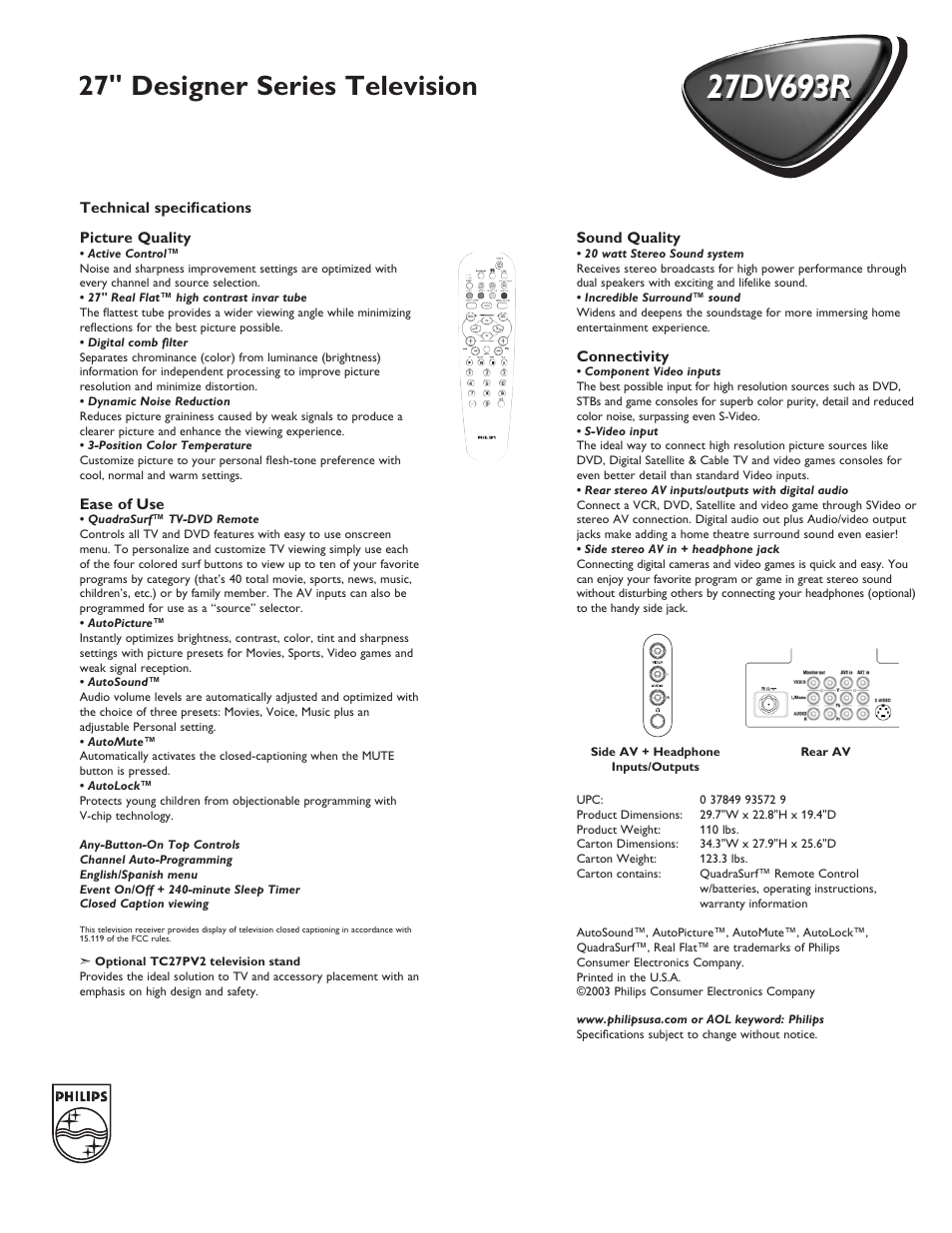 27" designer series television | Philips 27DV693R User Manual | Page 2 / 2