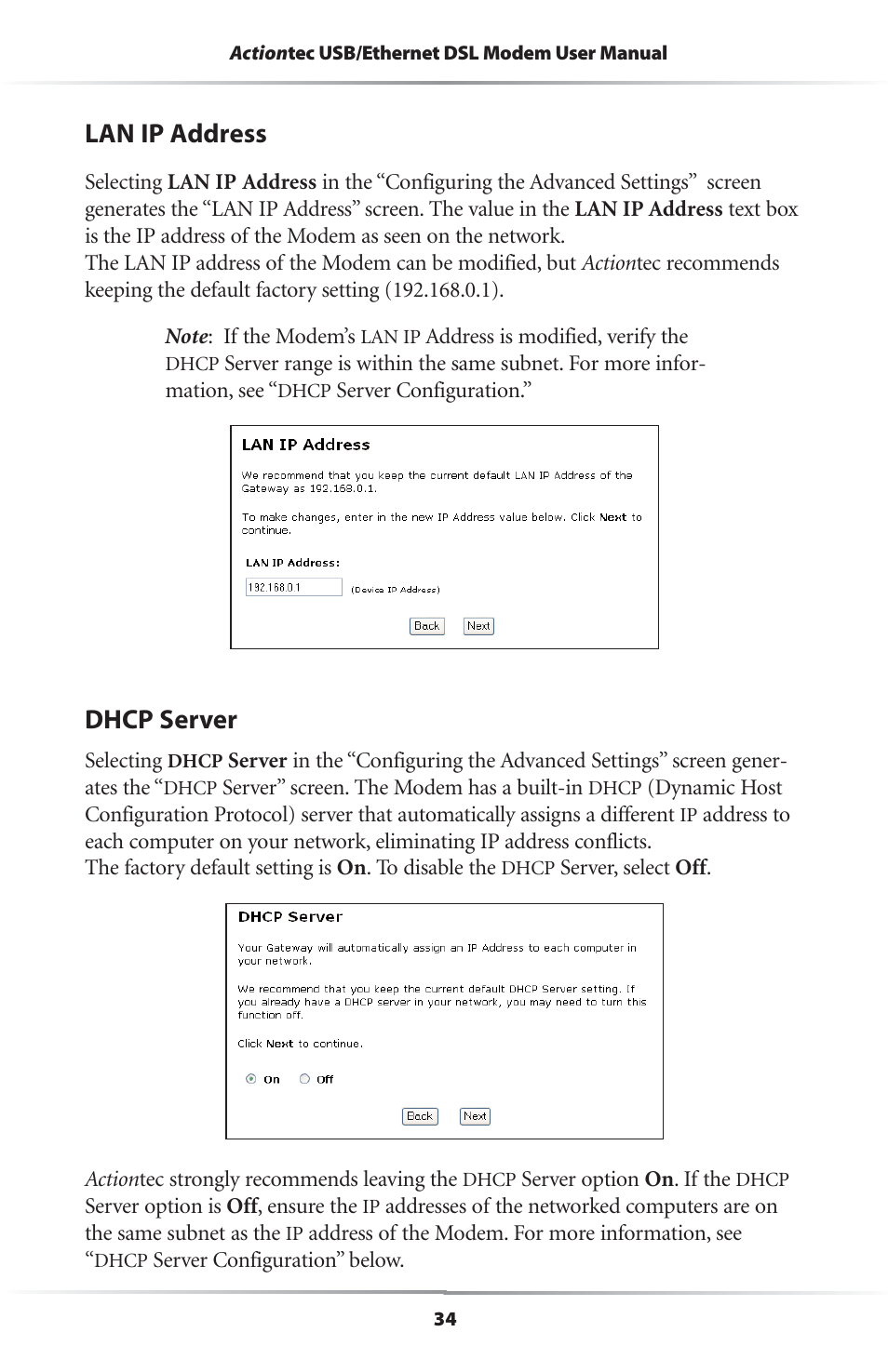 Lan ip address, Dhcp server | Actiontec electronic R4500U User Manual | Page 37 / 99