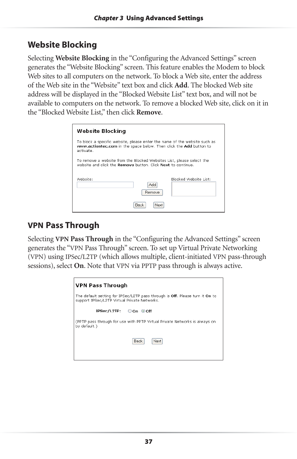 Website blocking, Pass through | Actiontec electronic R4500U User Manual | Page 40 / 99