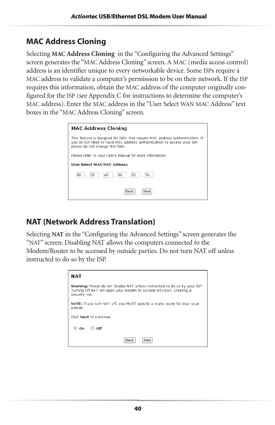 Mac address cloning, Nat (network address translation) | Actiontec electronic R4500U User Manual | Page 43 / 99
