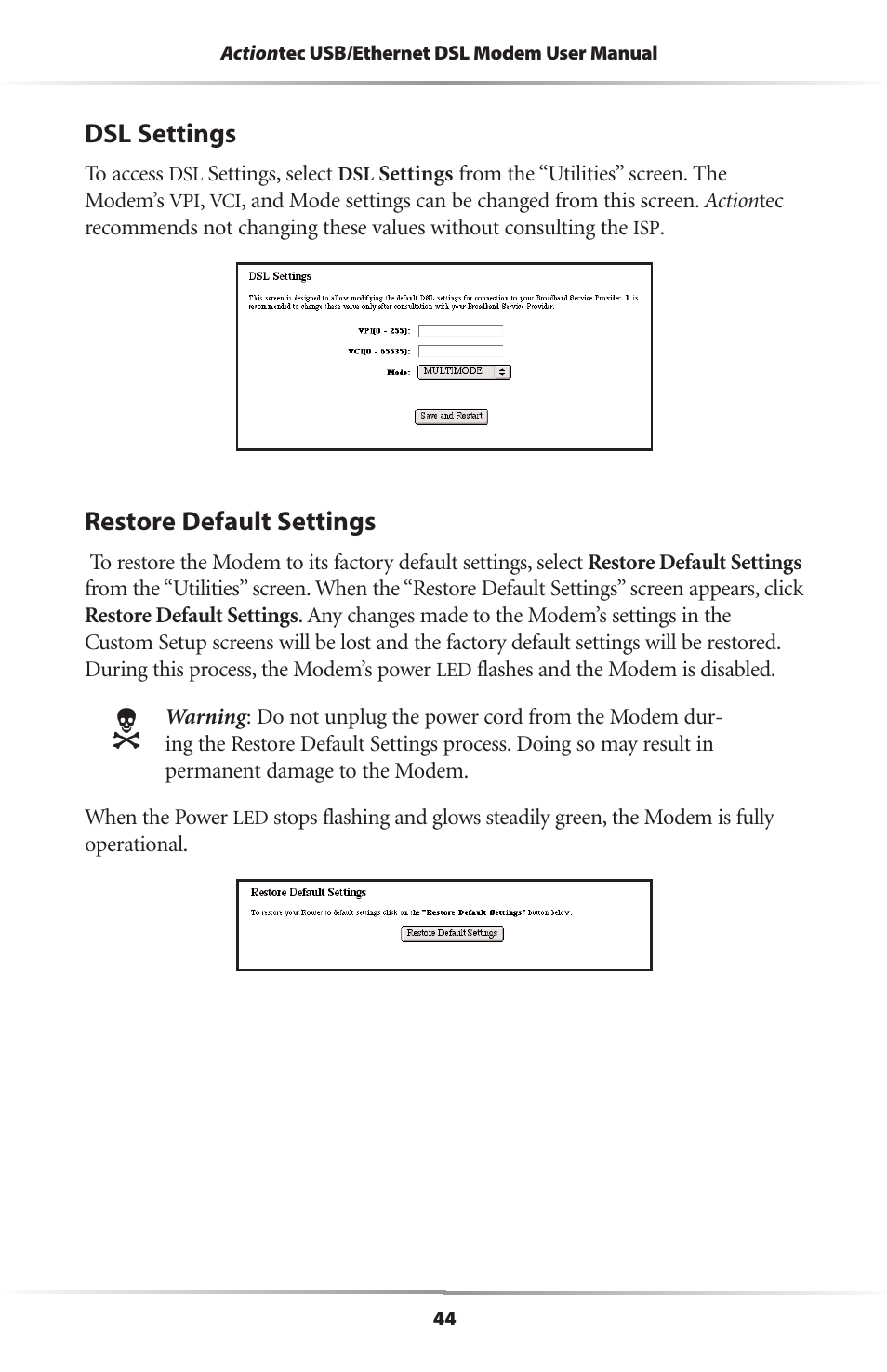 Dsl settings, Restore default settings | Actiontec electronic R4500U User Manual | Page 47 / 99