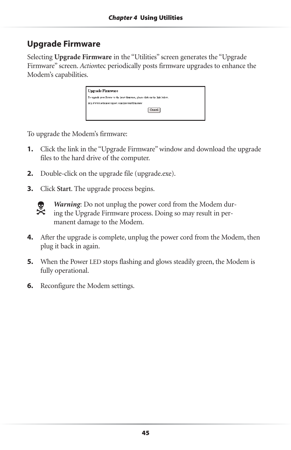 Upgrade firmware | Actiontec electronic R4500U User Manual | Page 48 / 99