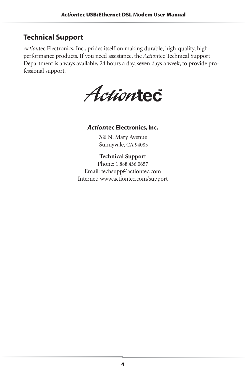 Technical support | Actiontec electronic R4500U User Manual | Page 7 / 99