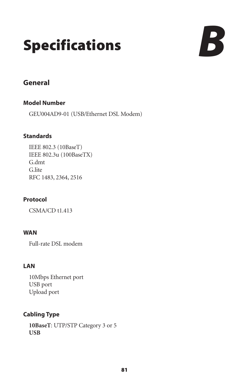 Specifications | Actiontec electronic R4500U User Manual | Page 84 / 99