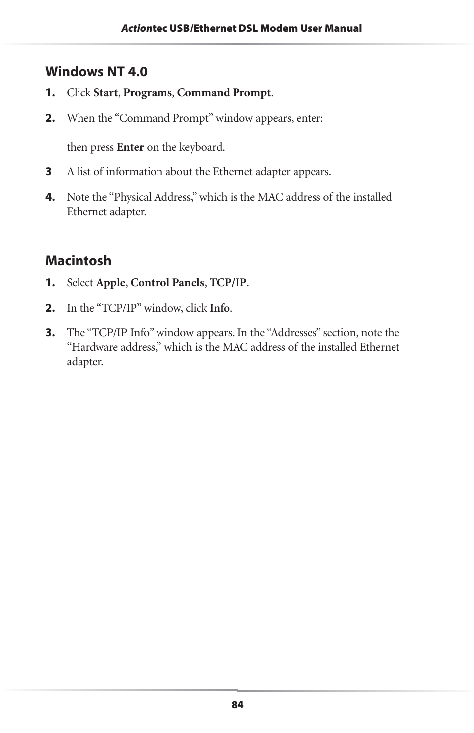 Windows nt 4.0, Macintosh | Actiontec electronic R4500U User Manual | Page 87 / 99