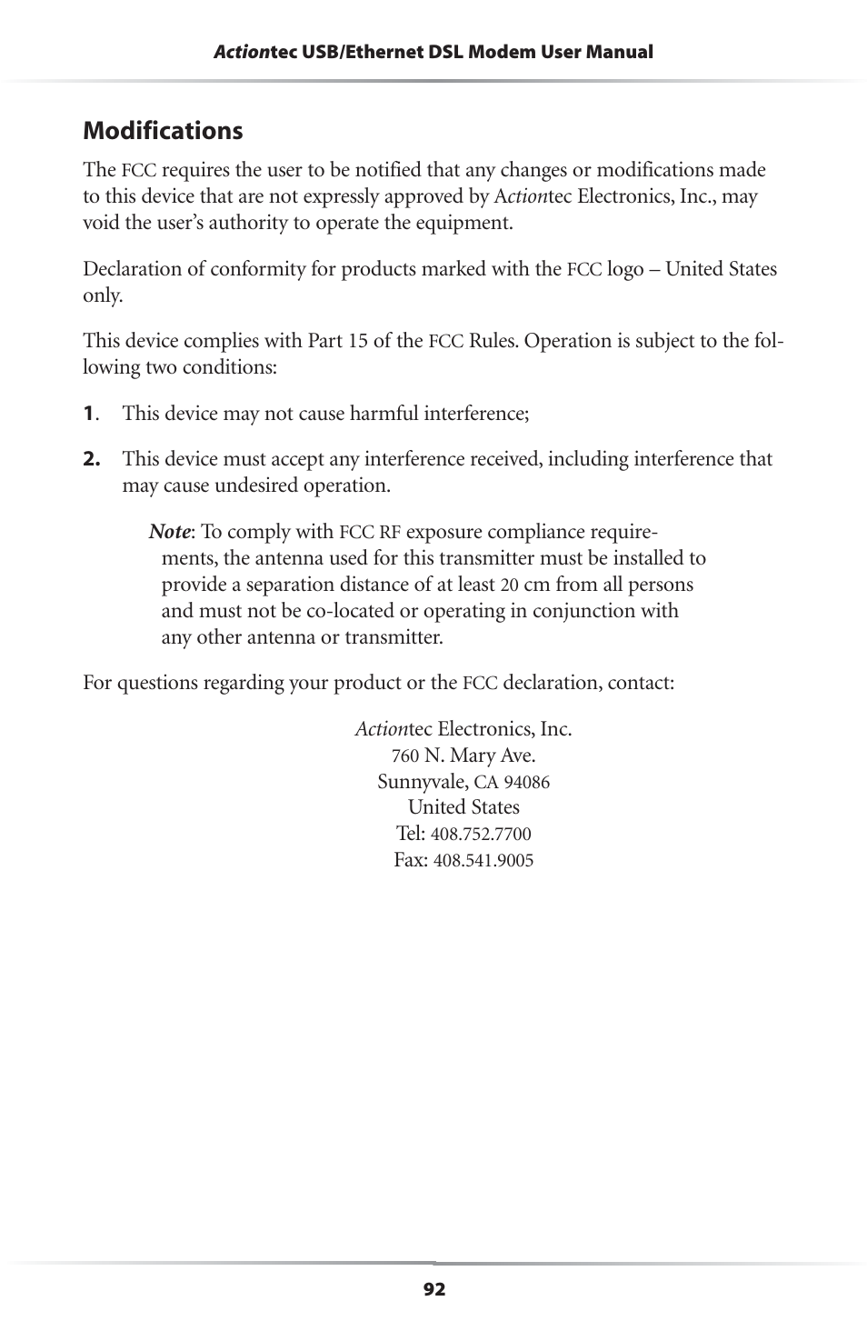 Modifications | Actiontec electronic R4500U User Manual | Page 95 / 99