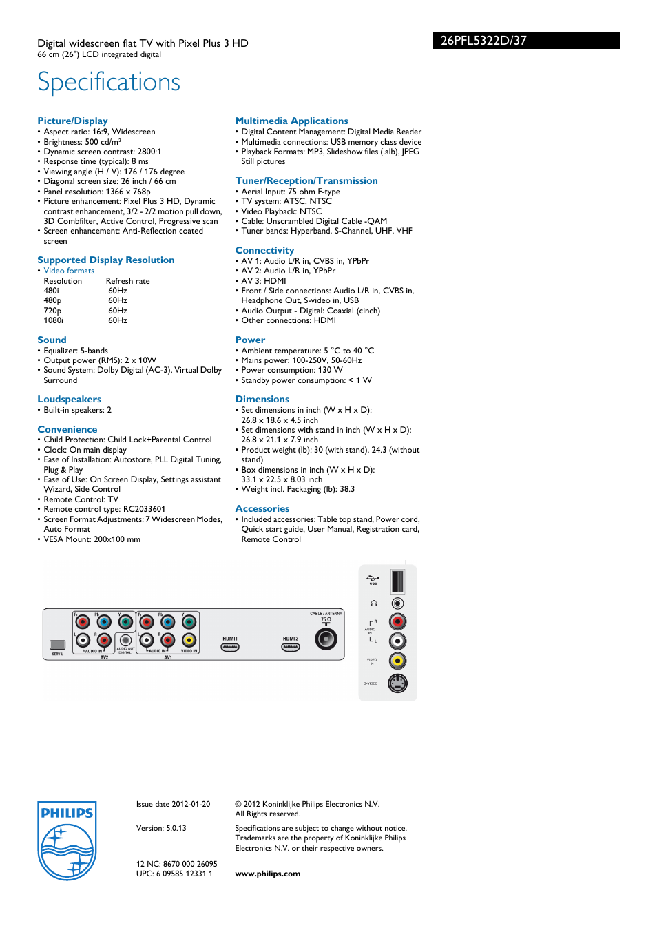 Specifications | Philips 26PFL5322D-37 User Manual | Page 3 / 3