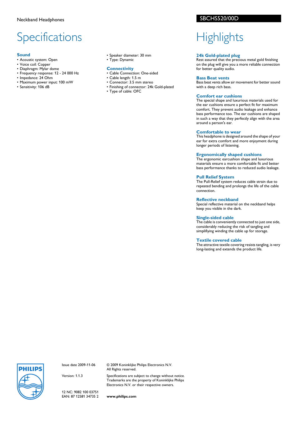 Specifications, Highlights | Philips SBCHS520-00D User Manual | Page 2 / 2