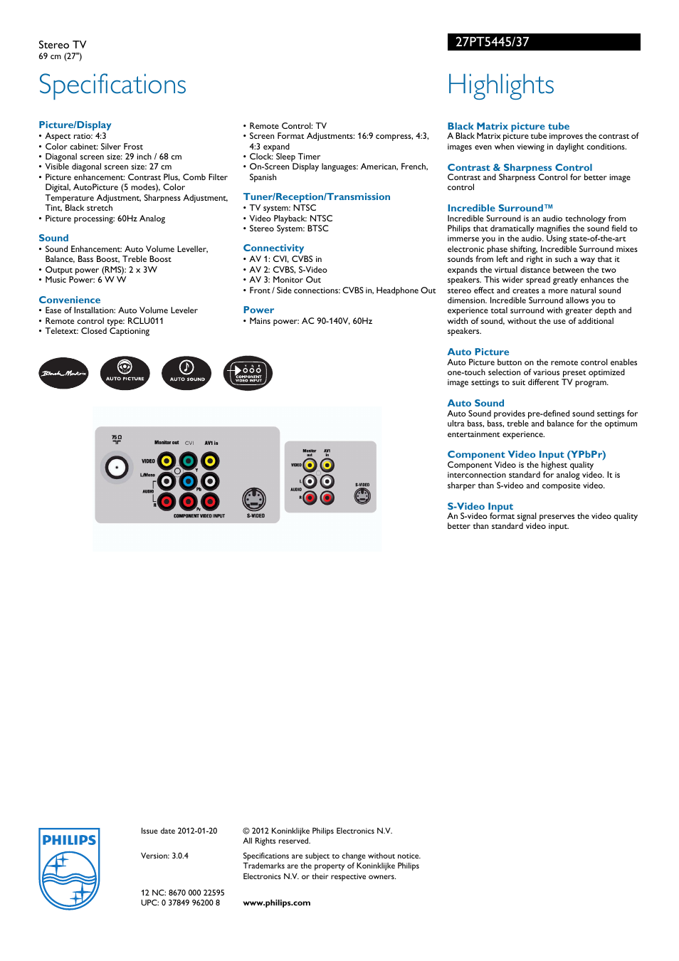 Specifications, Highlights | Philips 27PT5445-37B User Manual | Page 2 / 2