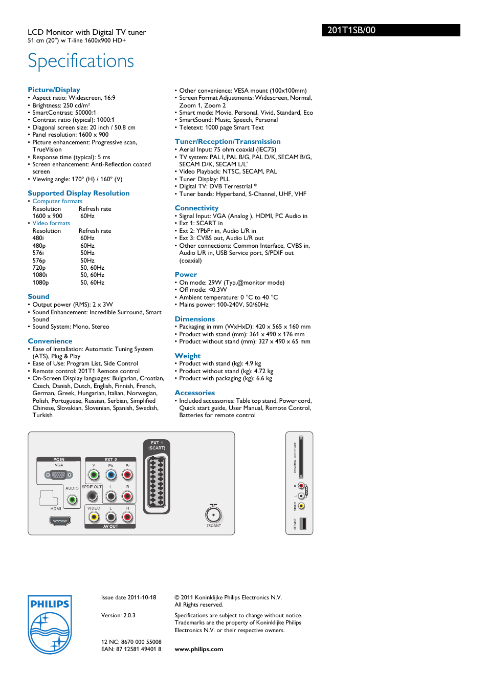 Specifications | Philips 201T1SB-00 User Manual | Page 3 / 3