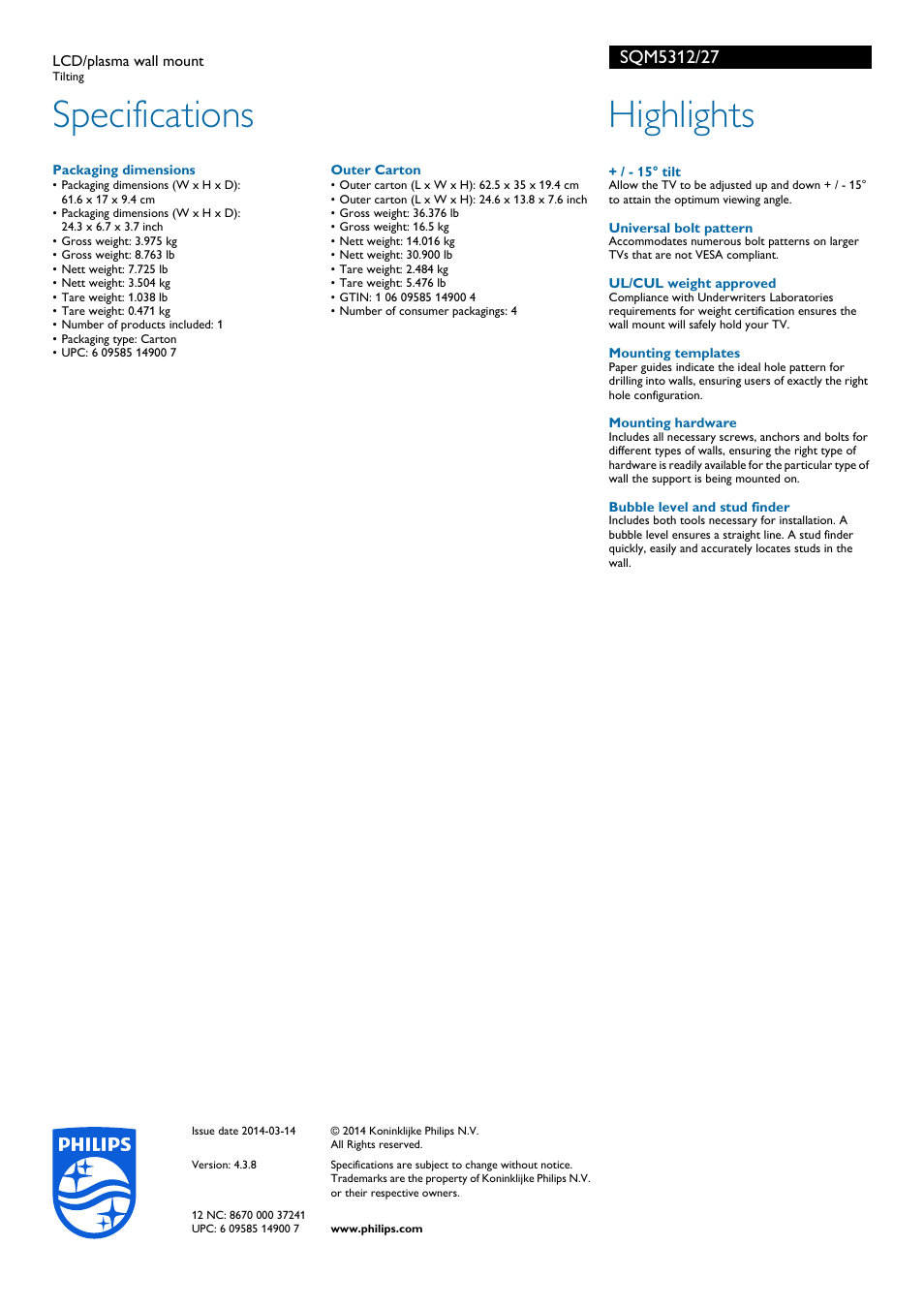 Specifications, Highlights | Philips SQM5312-27 User Manual | Page 2 / 2