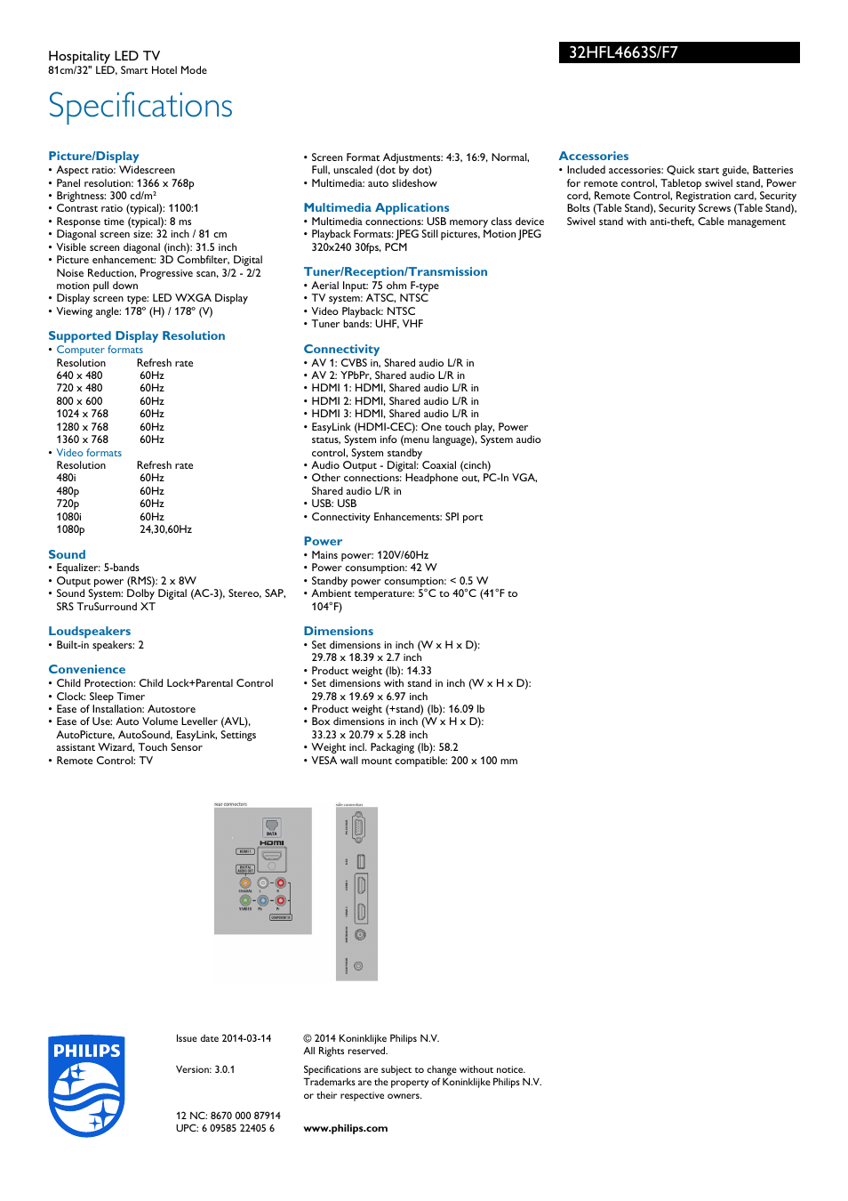 Specifications | Philips 32HFL4663S-F7 User Manual | Page 3 / 3