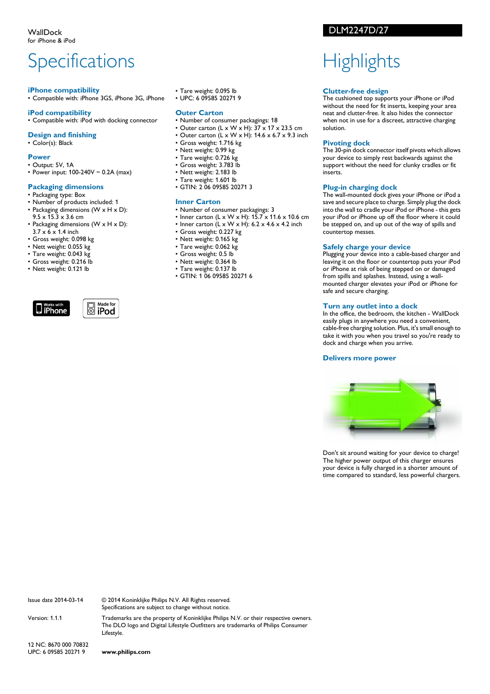 Specifications, Highlights | Philips DLM2247D-27 User Manual | Page 2 / 2