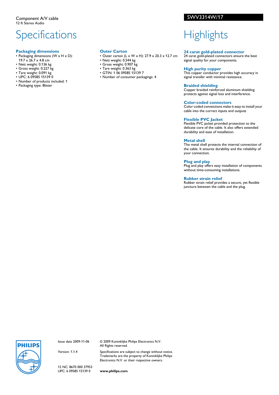 Specifications, Highlights | Philips SWV3314W-17 User Manual | Page 2 / 2