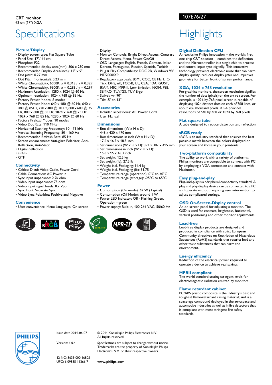 Specifications, Highlights | Philips 17" XGA CRT monitor User Manual | Page 2 / 2