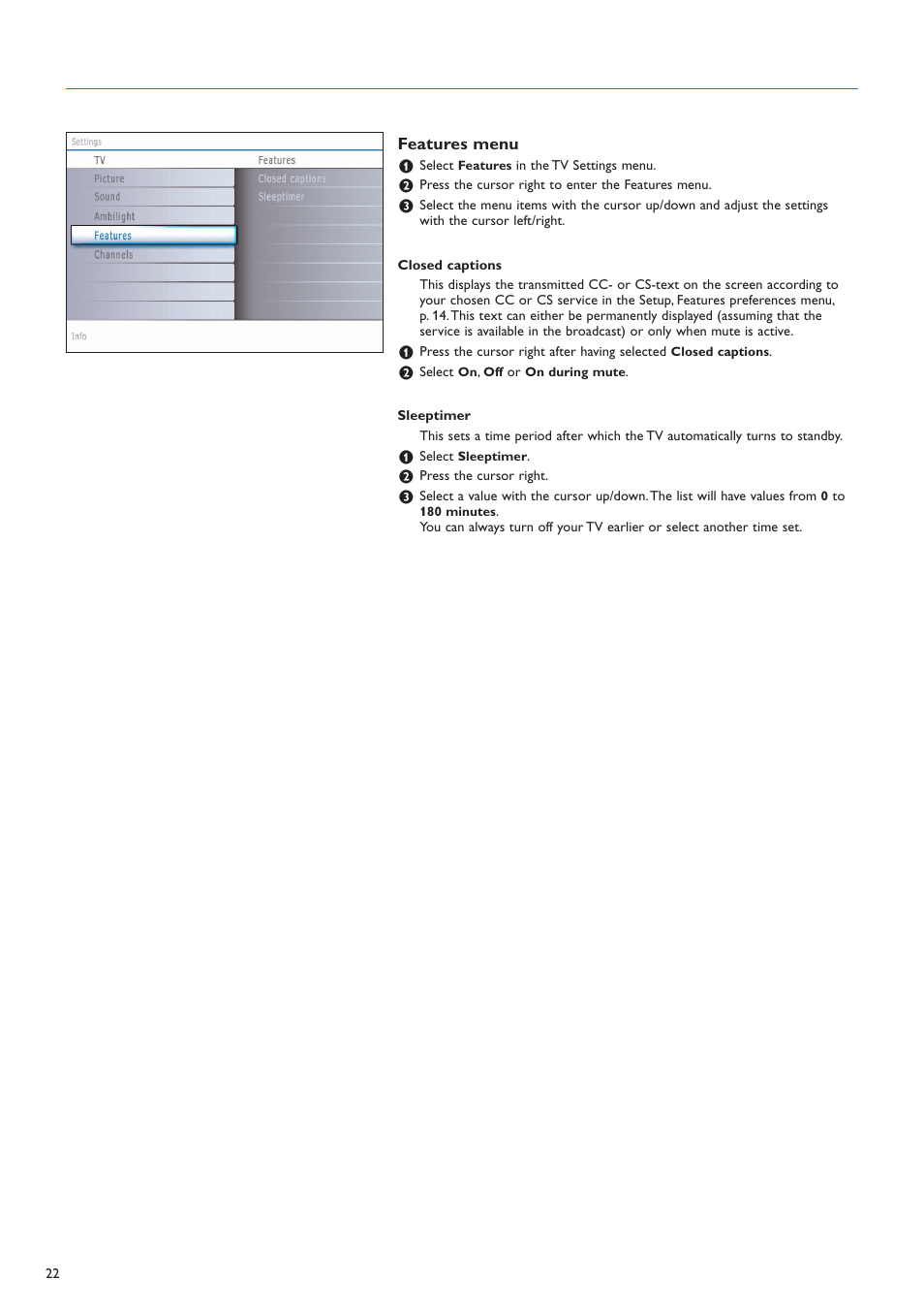 Features menu | Philips 42PF9630A-37 User Manual | Page 24 / 56