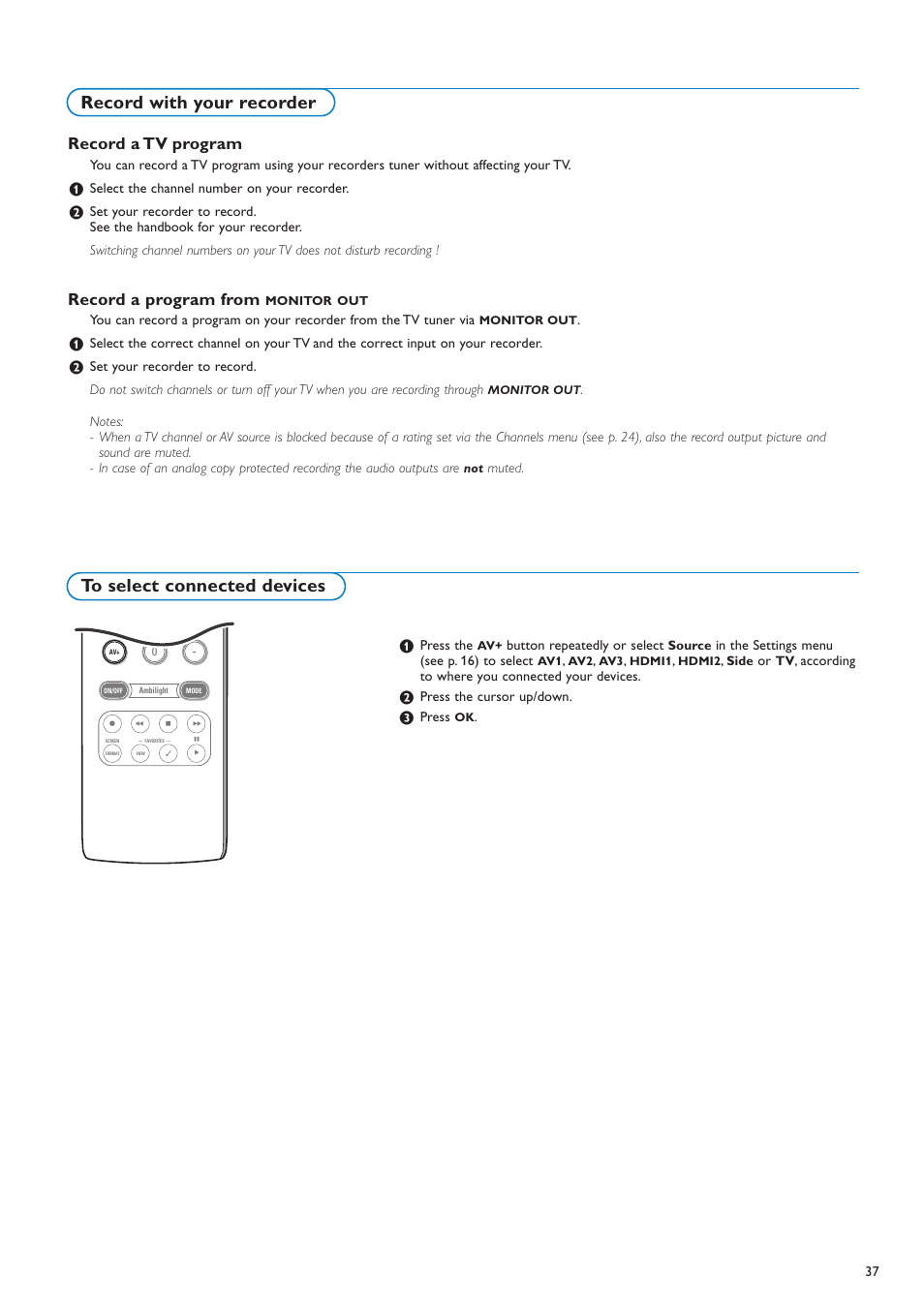 Record with your recorder, Record a tv program, Record a program from | Philips 42PF9630A-37 User Manual | Page 39 / 56