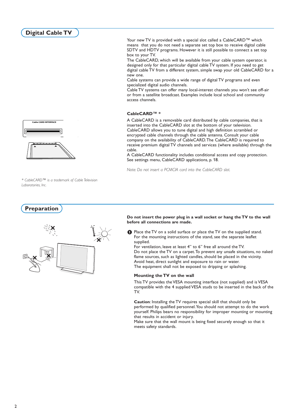 Preparation, Digital cable tv | Philips 42PF9630A-37 User Manual | Page 4 / 56