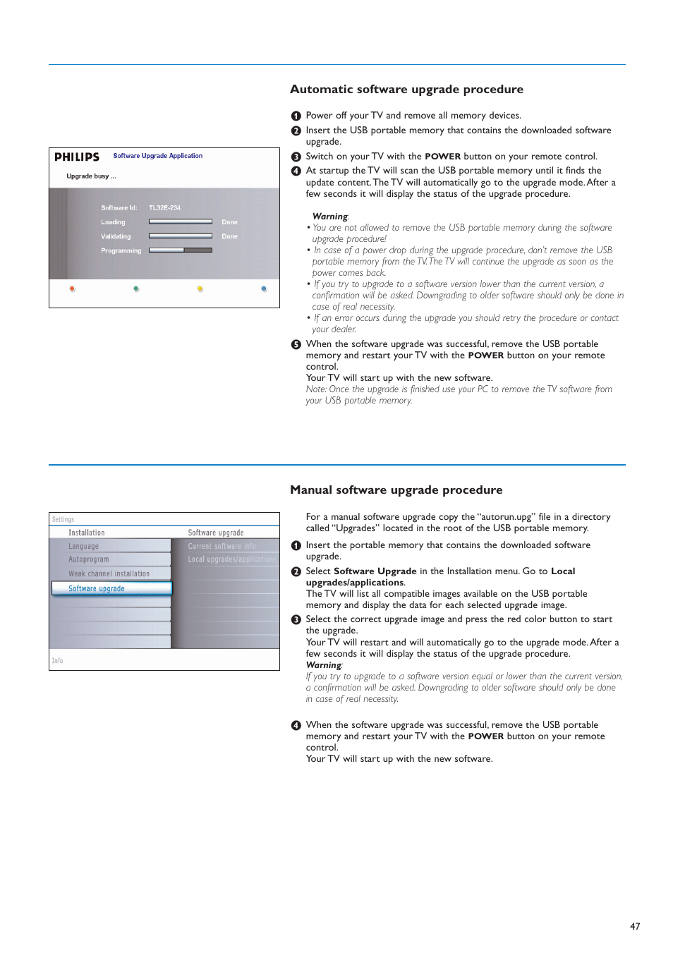 Manual software upgrade procedure, Automatic software upgrade procedure | Philips 42PF9630A-37 User Manual | Page 49 / 56