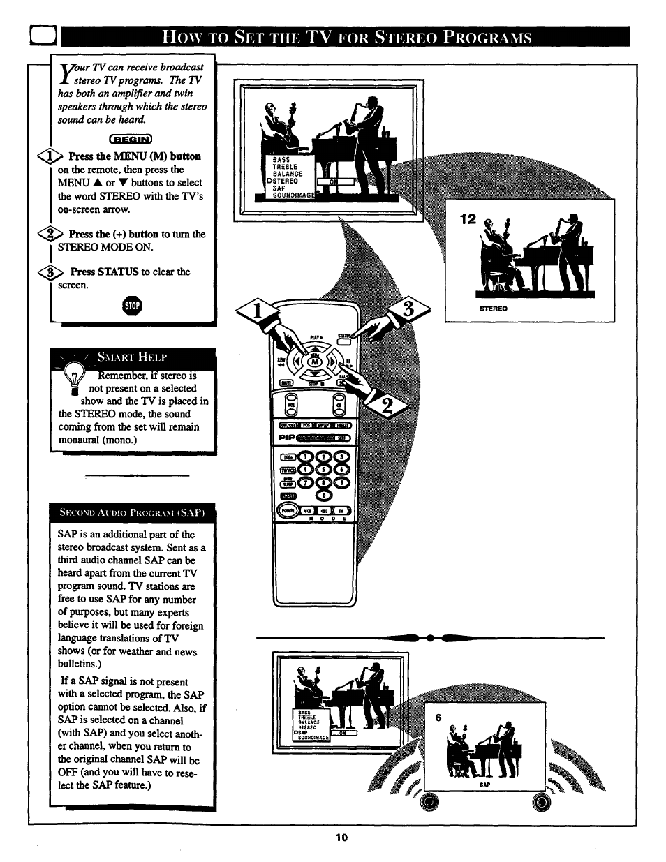 How to set the tv eor stereo programs, Setting the tv for stereo/sap programs, Tereo | Rograms | Philips COLOR TV 25 INCH TABLE User Manual | Page 10 / 40