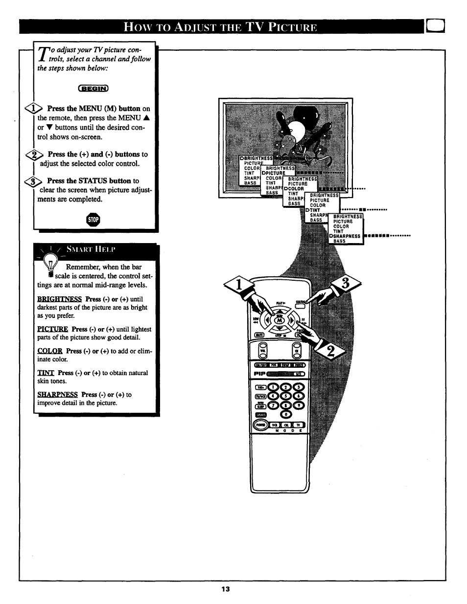 Tv p, Djust, Icture | Philips COLOR TV 25 INCH TABLE User Manual | Page 13 / 40