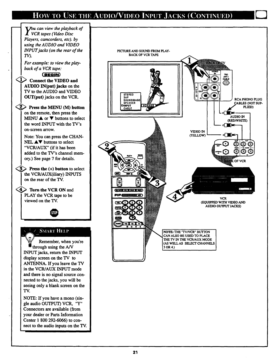 How to use the audioa^ideo input jacks (continued), How to, Udio | Ideo, Nput, Acks, Ontinued | Philips COLOR TV 25 INCH TABLE User Manual | Page 21 / 40