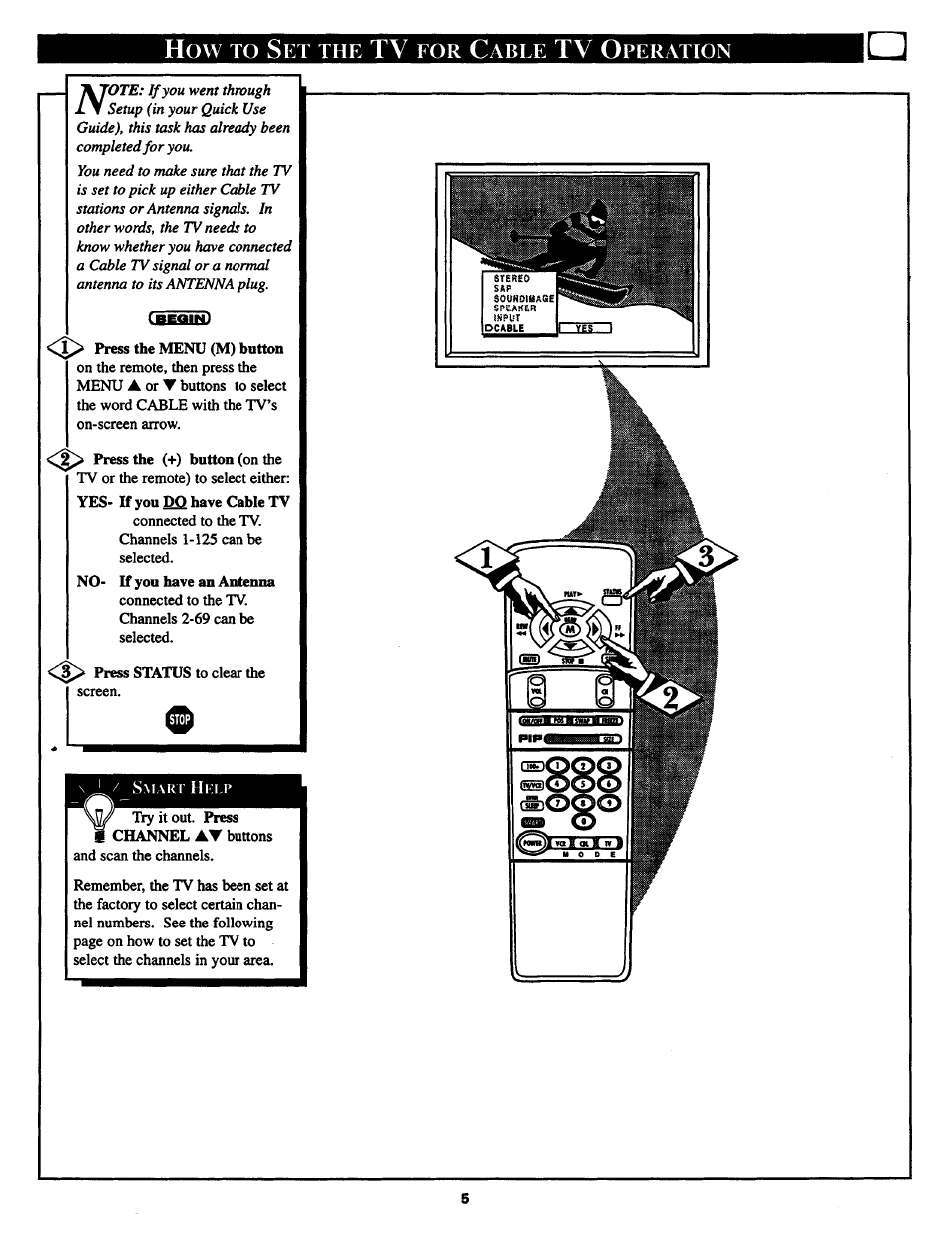 How to set the tv for cable tv operation, How to s, Tv o | Able, Peration | Philips COLOR TV 25 INCH TABLE User Manual | Page 5 / 40