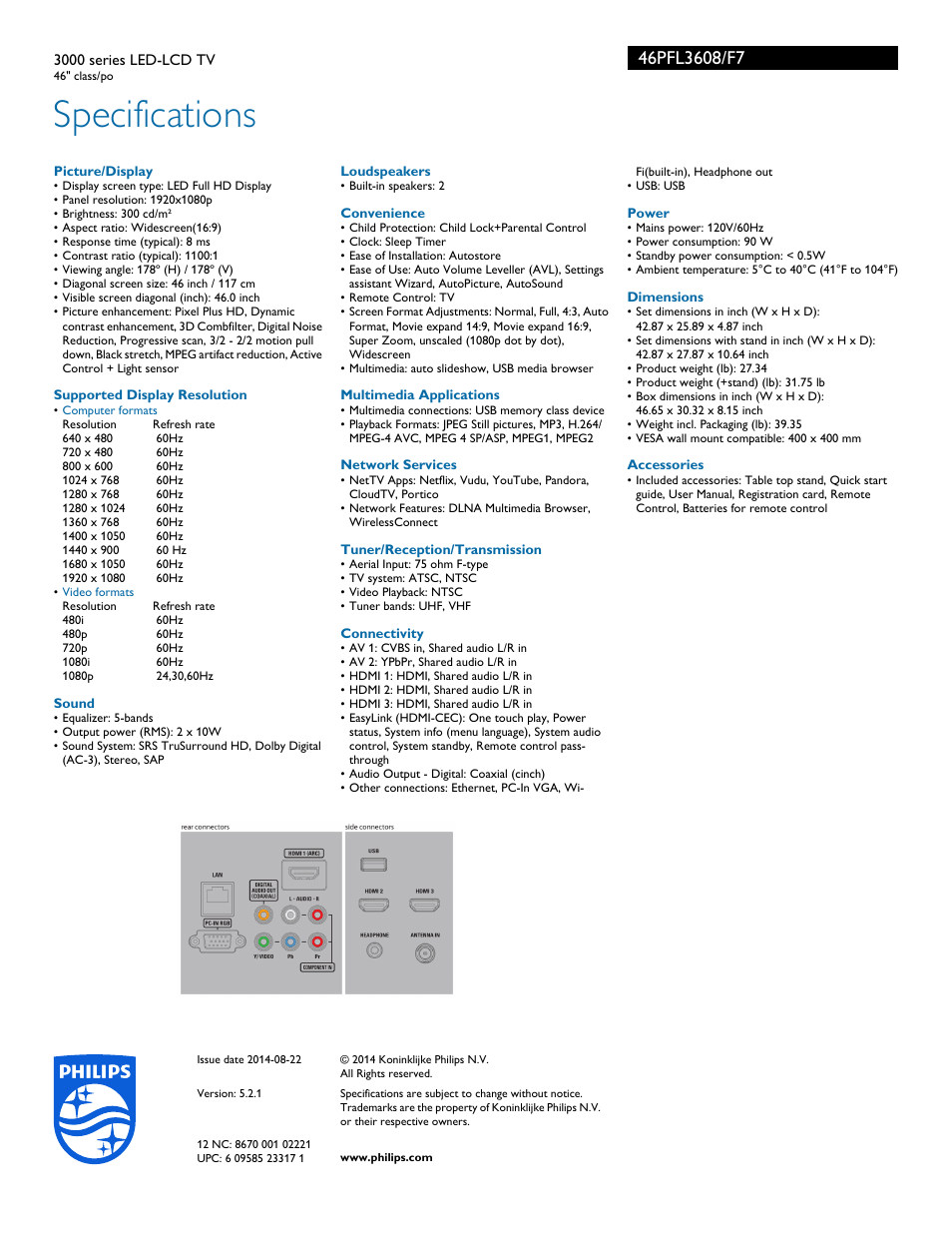 Specifications | Philips 46PFL3608-F7 User Manual | Page 3 / 3