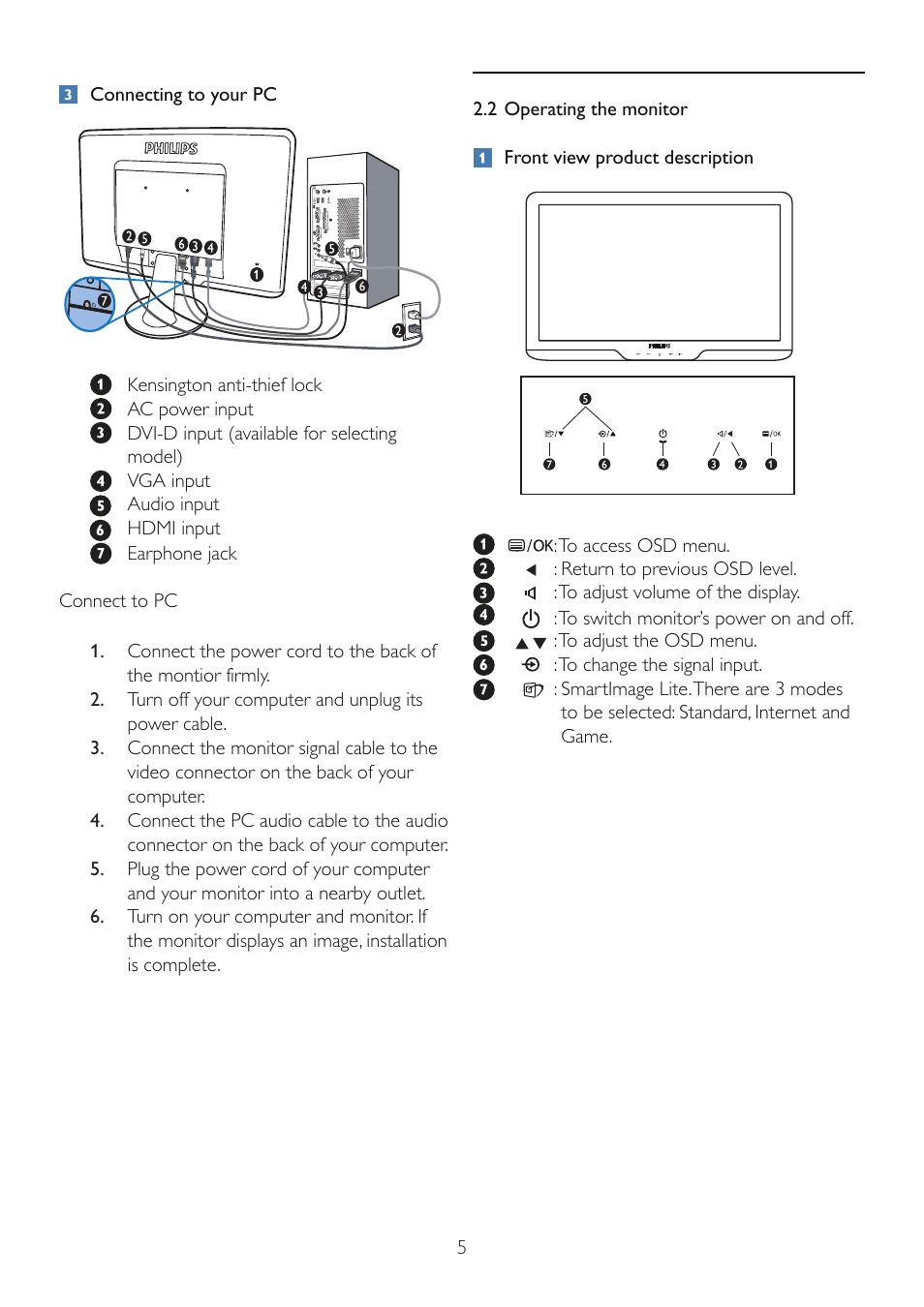 Philips LCD monitor with HDMI Audio SmartTouch 224E2SB 54.6cm-21.5" E-line Full HD User Manual | Page 7 / 50