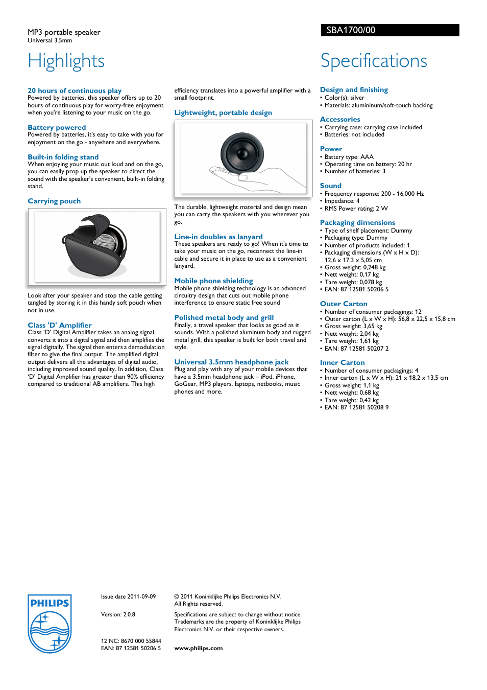 Highlights, Specifications | Philips SBA1700-00 User Manual | Page 2 / 2