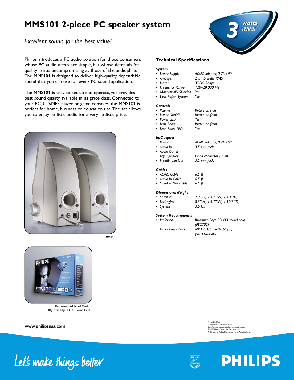 Mms101 2-piece pc speaker system, Excellent sound for the best value, Watts | Watts rms rms | Philips MMS10117 User Manual | Page 2 / 2