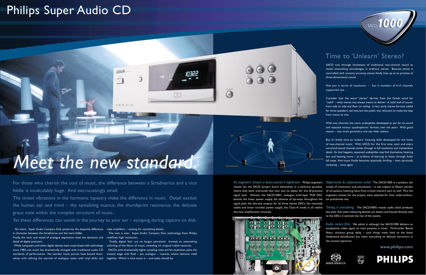 Meet the new standard, Philips super audio cd, Time to ‘unlearn’ stereo | Philips SACD100099 User Manual | Page 2 / 2