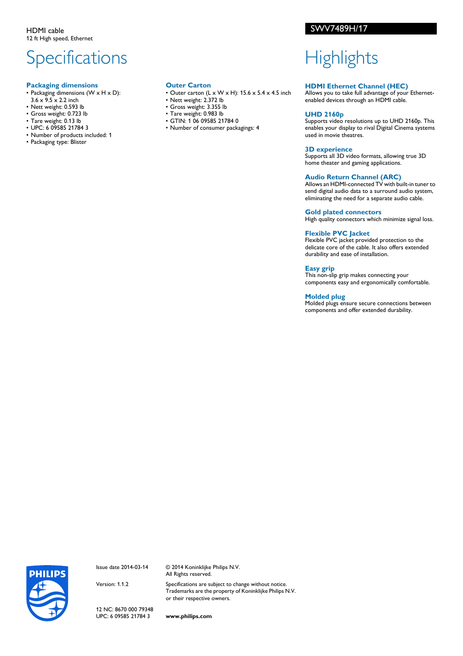 Specifications, Highlights | Philips SWV7489H-17 User Manual | Page 2 / 2