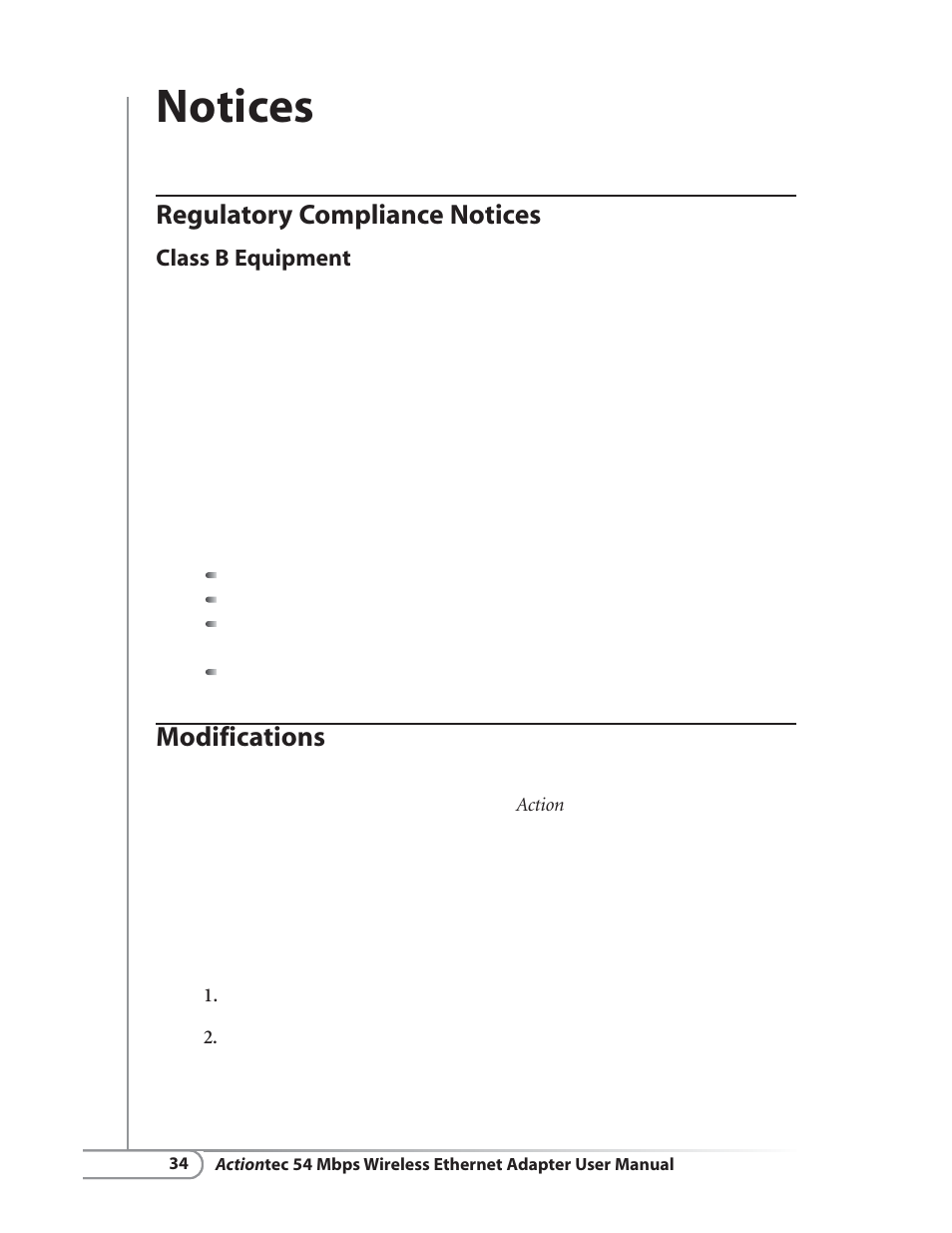 Notices, Regulatory compliance notices, Modifications | Actiontec electronic HWE05490-01 User Manual | Page 36 / 41