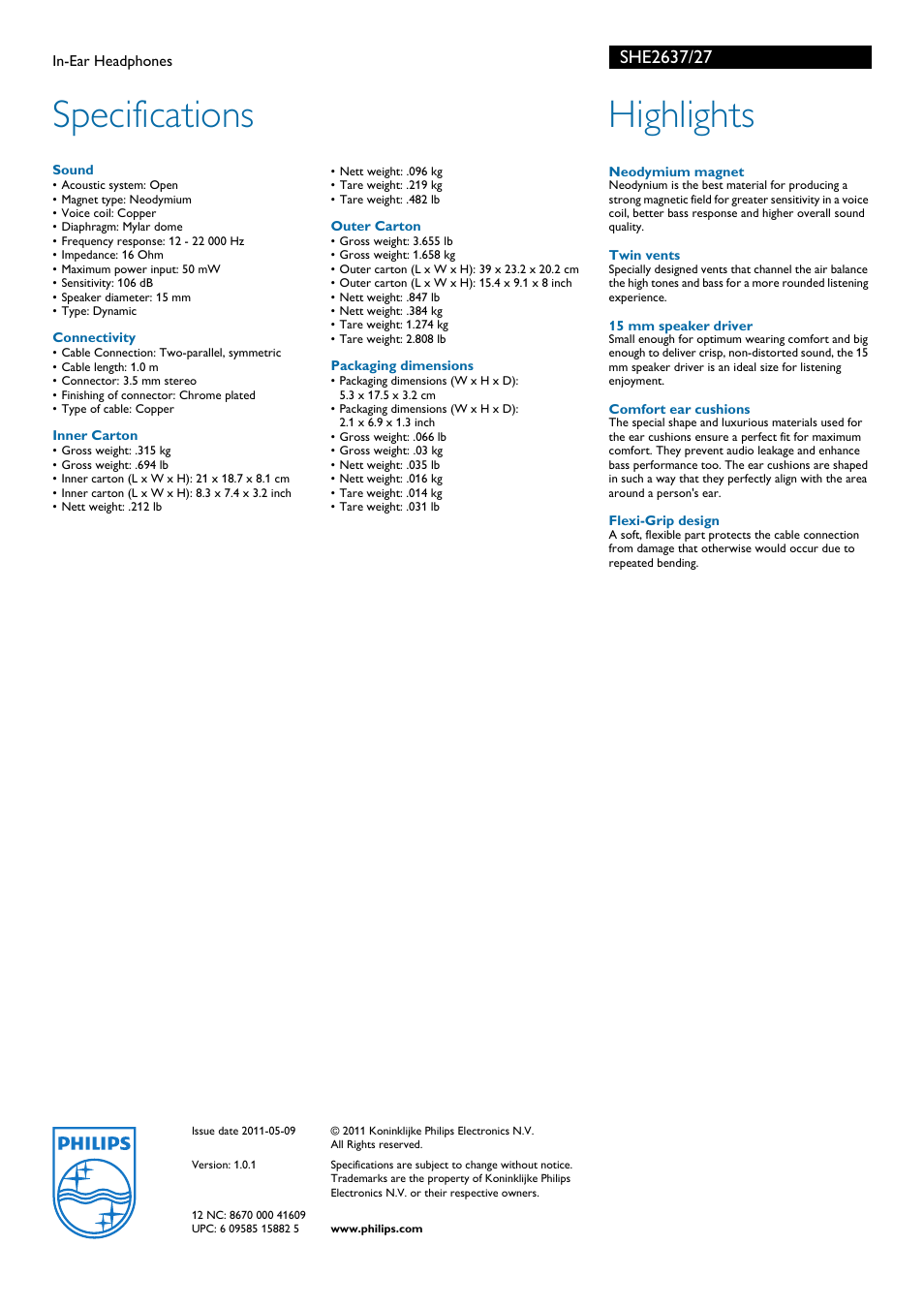 Specifications, Highlights | Philips SHE2637-27 User Manual | Page 2 / 2