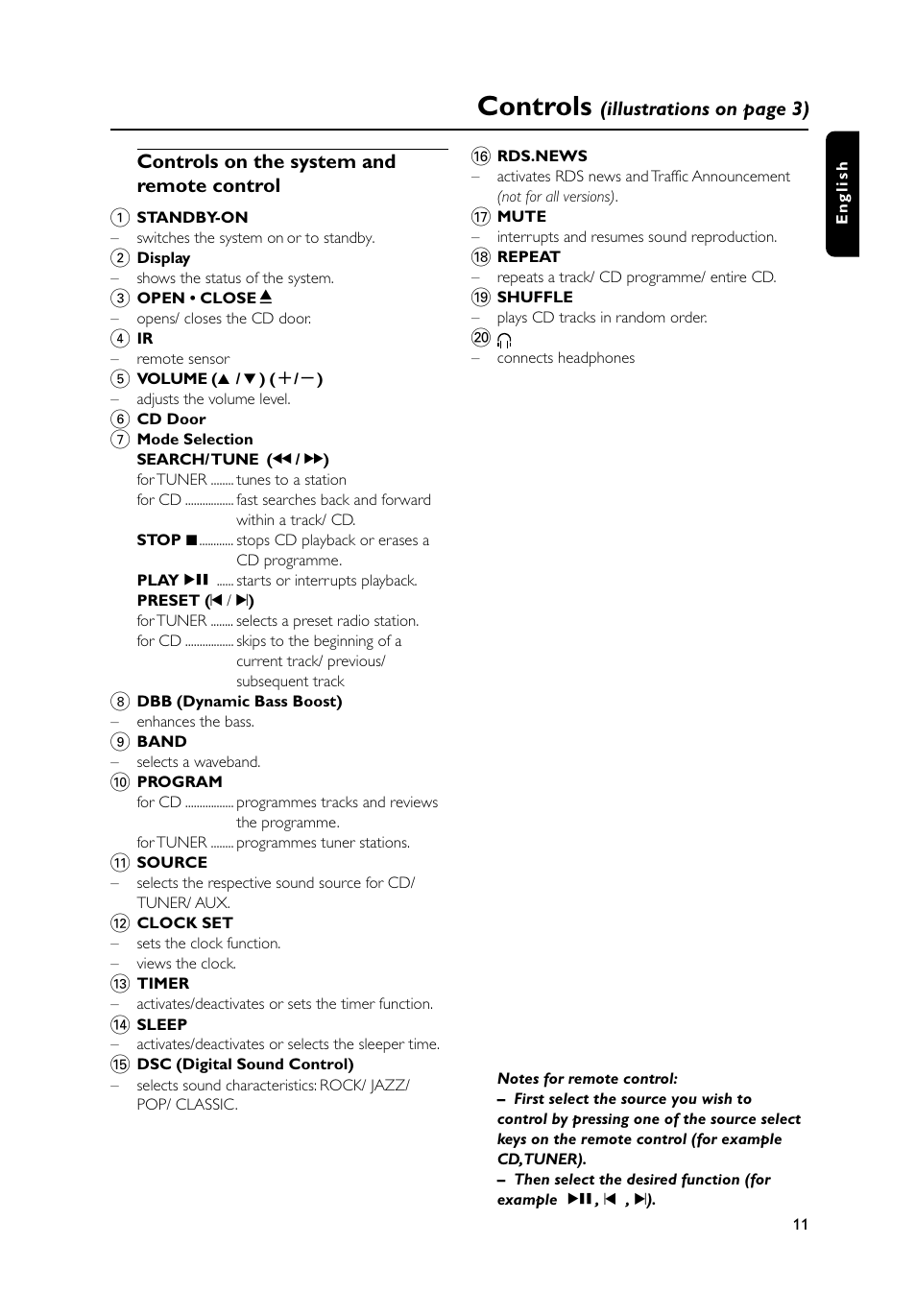 Controls, Controls on the system and remote control 1, Illustrations on page 3) | Philips MC235B-37 User Manual | Page 11 / 20
