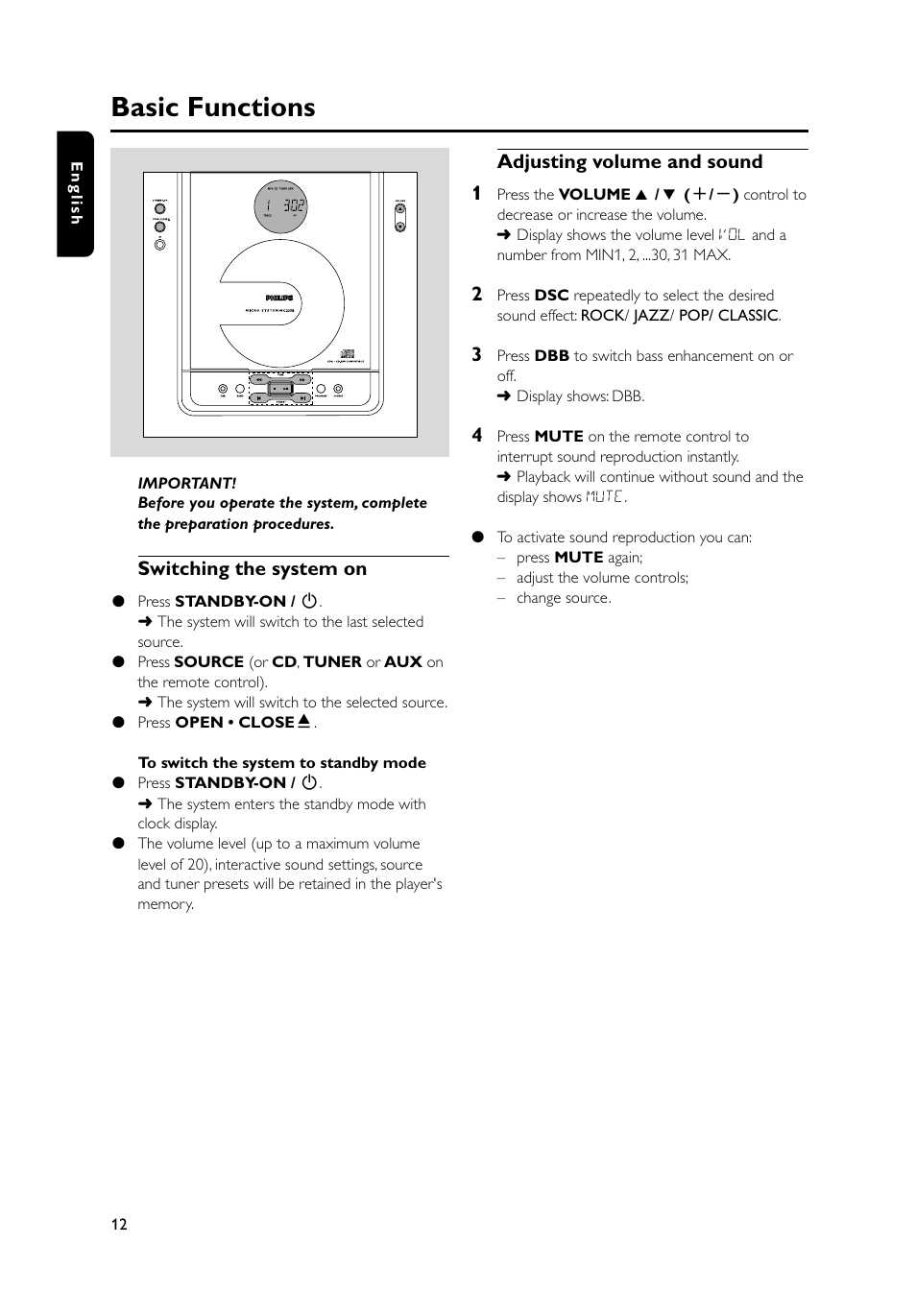 Basic functions, Switching the system on, Adjusting volume and sound 1 | Philips MC235B-37 User Manual | Page 12 / 20