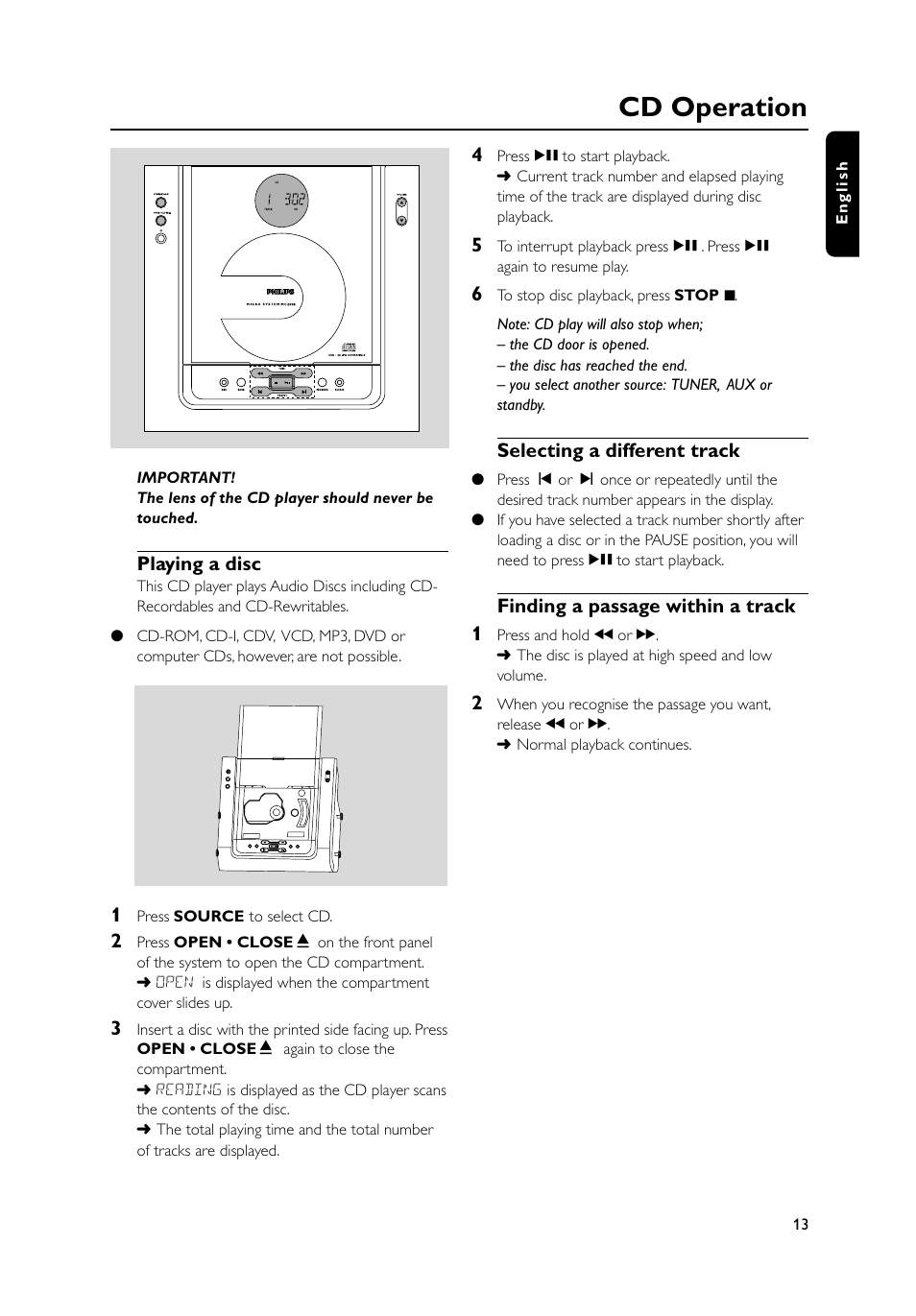 Cd operation, Playing a disc, Selecting a different track | Finding a passage within a track 1 | Philips MC235B-37 User Manual | Page 13 / 20