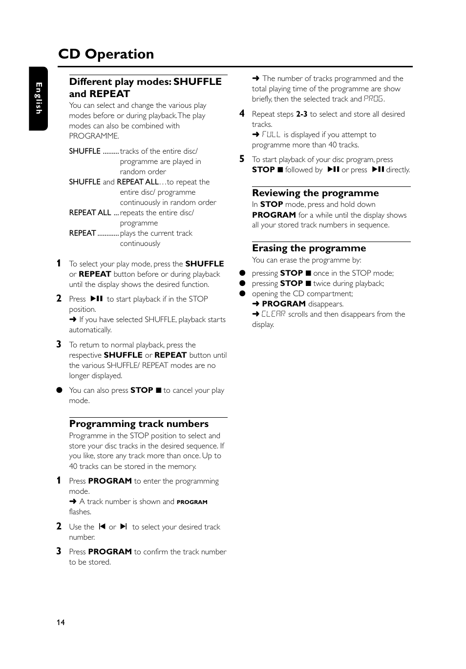 Cd operation, Different play modes: shuffle and repeat, Programming track numbers | Reviewing the programme, Erasing the programme | Philips MC235B-37 User Manual | Page 14 / 20