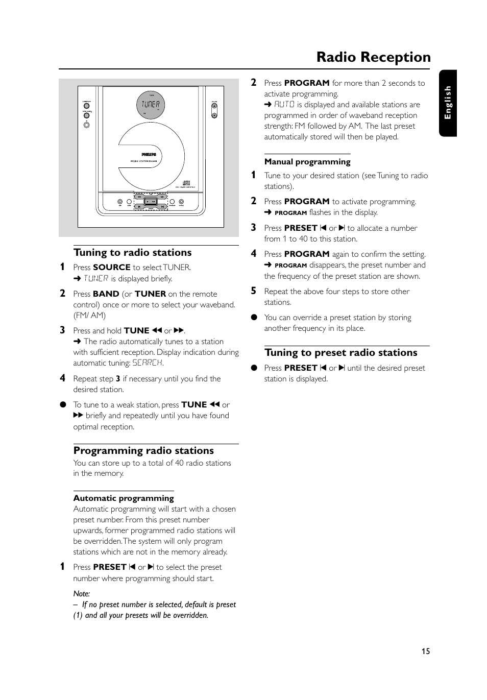 Radio reception, Tuning to radio stations 1, Programming radio stations | Tuning to preset radio stations | Philips MC235B-37 User Manual | Page 15 / 20