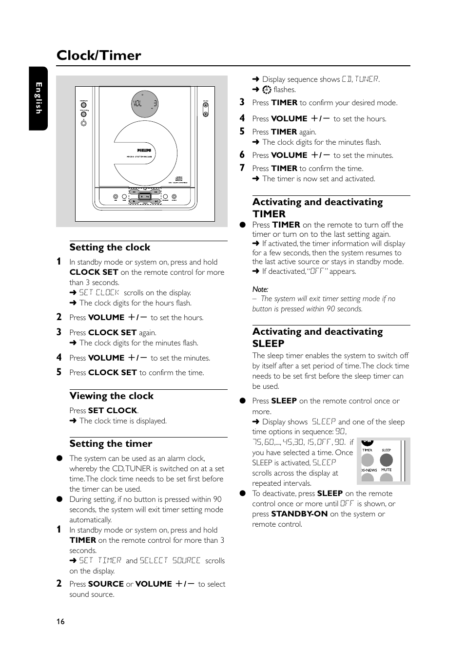 Clock/timer, Setting the clock 1, Viewing the clock | Setting the timer, Activating and deactivating timer, Activating and deactivating sleep | Philips MC235B-37 User Manual | Page 16 / 20