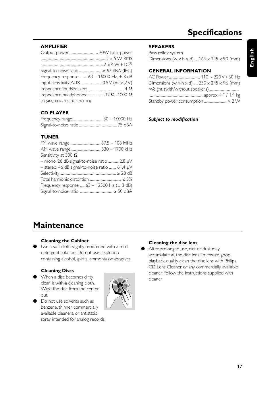 Specifications, Maintenance | Philips MC235B-37 User Manual | Page 17 / 20