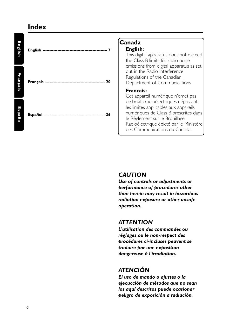Index, Caution, Attention | Atención, Canada | Philips MC235B-37 User Manual | Page 6 / 20