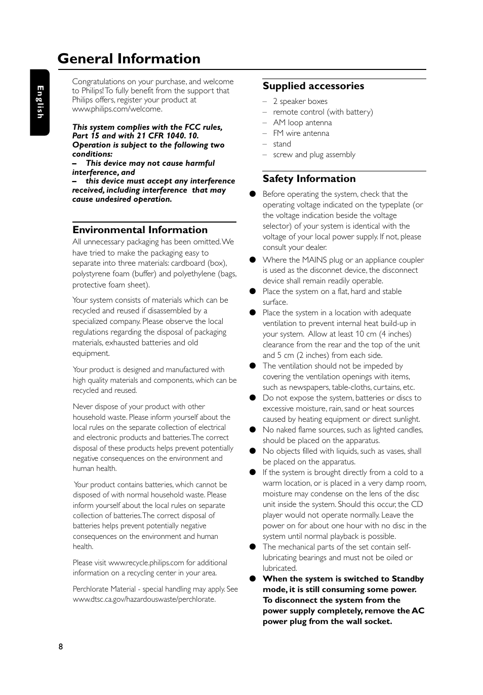 General information, Supplied accessories, Safety information | Environmental information | Philips MC235B-37 User Manual | Page 8 / 20